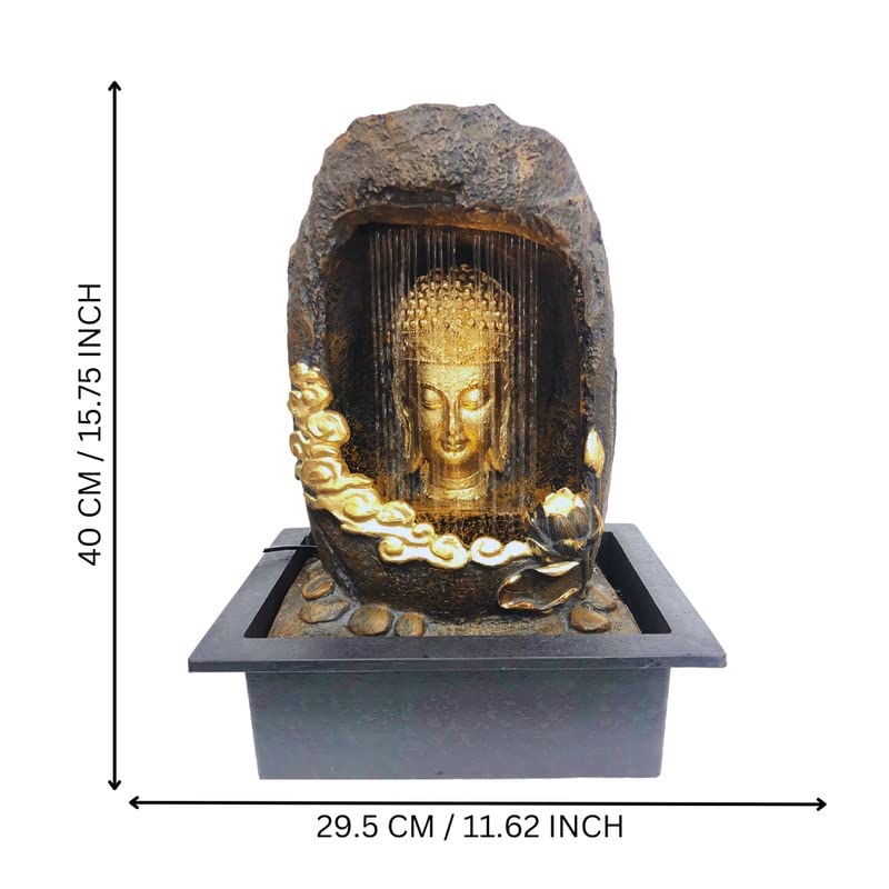 CHRONIKLE Polyresin Tabletop Gold Brown Meditating Buddha Sitting in Cave Style Indoor Front Curtain Waterfall Fountain for Home Decor with LED Light, Speed Controller Pump (Size: 40 x 22 x 29.5CM)