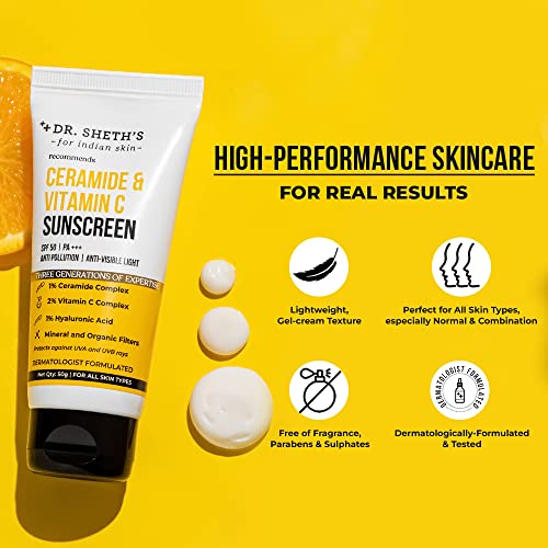 Dr. Sheth's Ceramide & Vitamin C Sunscreen SPF 50+ PA+++ | For Deep Moisturization | Non-Greasy, Quick-Absorbing | Zero White Cast | For Women & Men | UVA UVB Sun Protection | 50g