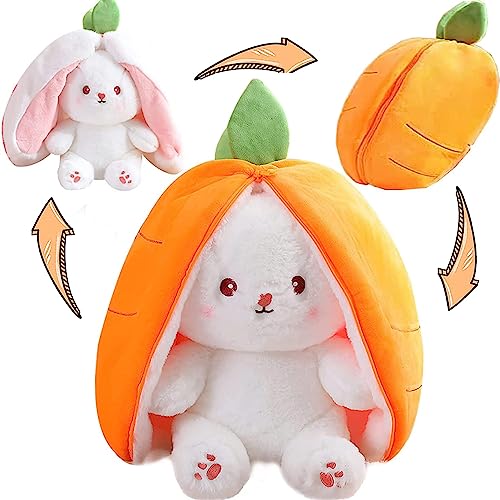 Storescent Reversible Carrot Strawberry Bunny Plush Toy - Cute & Versatile Stuffed Animal with Zipper - Soft Rabbit Toy, Pillow & Decorative Gift for Kids and Adults