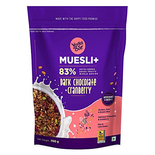 Yogabar Wholegrain Breakfast Muesli - Dark Chocolate + Cranberry, 700g (Pack of 2) (Super Saver Pack) | Healthy Cereals | Granola | Gluten Free | Antioxidant & Protein Rich