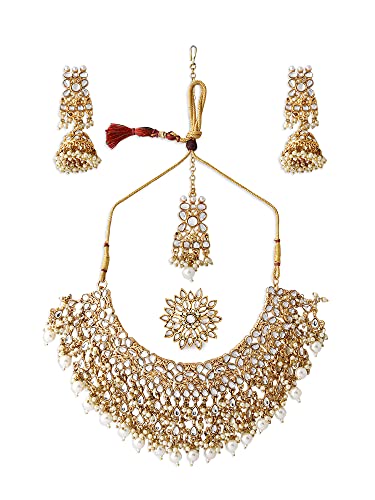 ZAVERI PEARLS Gold Tone Kundan Choker Necklace Earring Maangtikka & Ring Set For Women-ZPFK10799