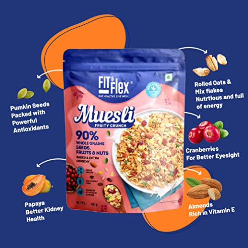 Fit & Flex Muesli Baked and fruity Crunch Healthy Cereals Breakfast High Protein Snacks Ready to Eat Oat Rich Cereal Fruit and Nuts - Pack of 1, 450gm