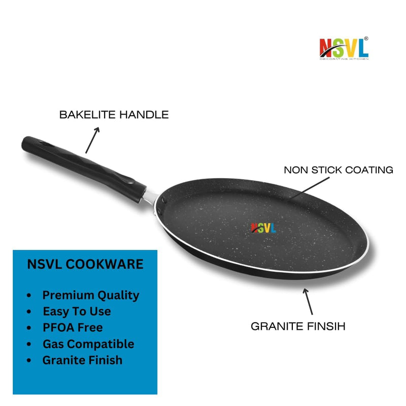 Nsvl Aluminium Non-Stick Dosa Tawa with Handle| Granite Finish | Pfoa Free | High Temperature Resistant Exterior Coating | 25 Cm | Black (DOSA TAWA Premium)