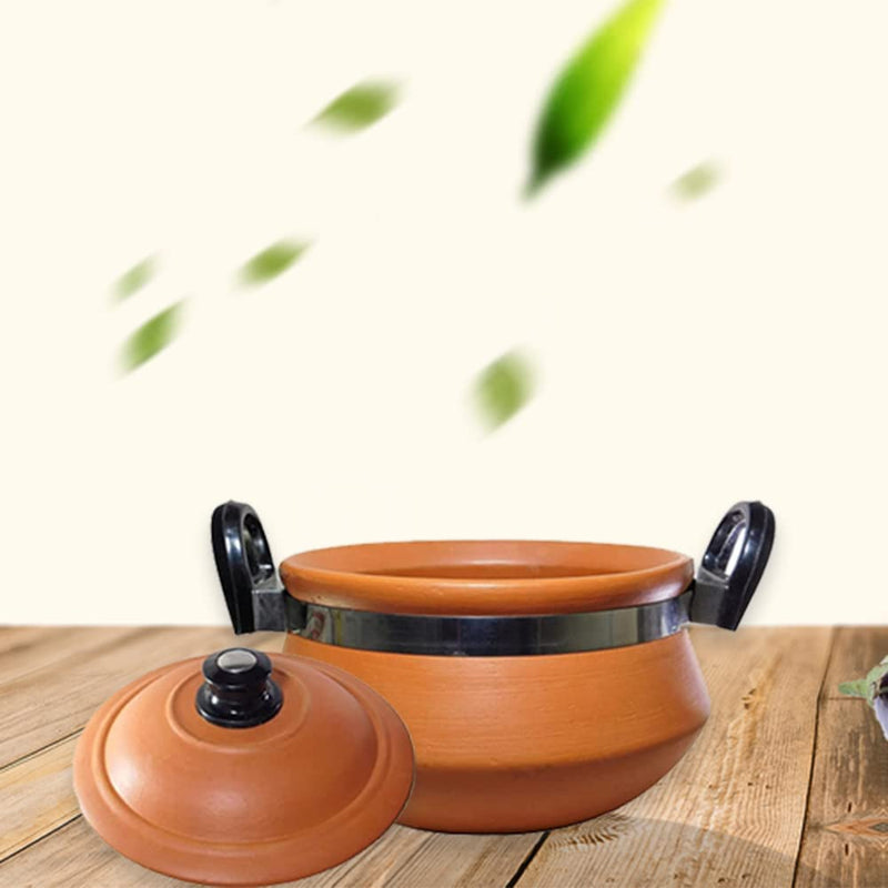 KSI Handi for Cooking and Serving with Lid Serving Bowl Wooden Spatula Combo Clay Pot Terracotta Handmade Mud Mitti Ke Bartan Pot Uncoated Pottery Storage Earthen India 3.5 Litre Lightweight & Durable