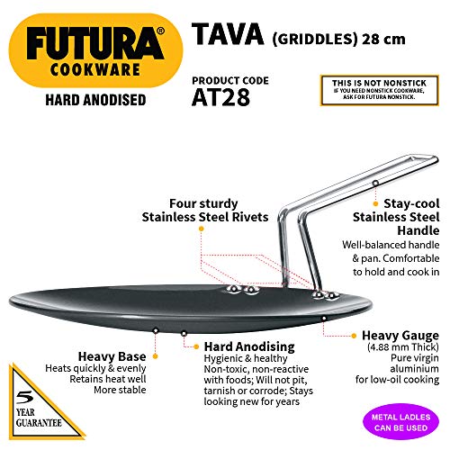 Hawkins Futura 28 cm Tava, Hard Anodised Tawa with Stainless Steel Handle, Black (AT28)