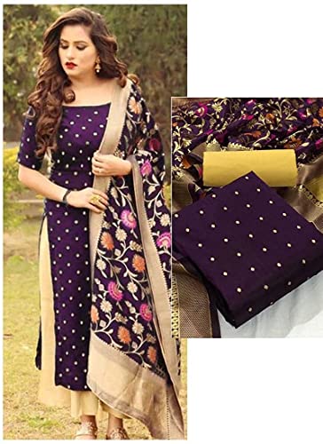 Sidhidata Women's Banarasi Jacquard Chanderi Cotton Unstitched Salwar Suit Dress Material With Dupatta (Free Size_Wine)