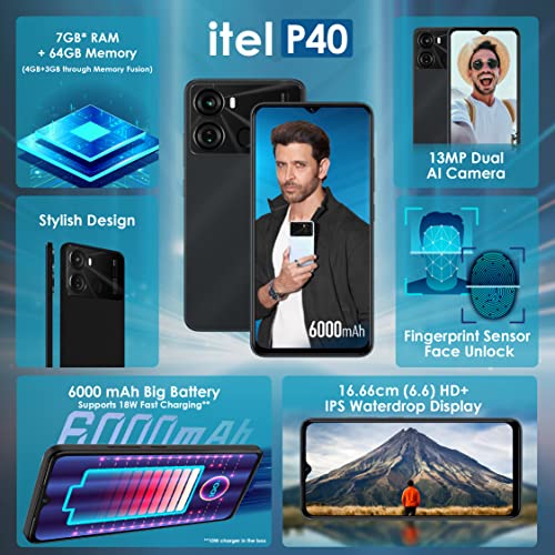 itel P40 (6000mAh Battery with Fast Charging | 4GB RAM + 64GB ROM, Up to 7GB RAM with Memory Fusion | Octa-core Processor | 13MP AI Dual Rear Camera) - Force Black