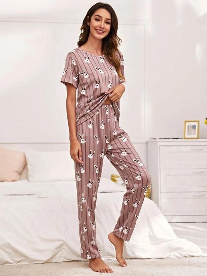 LookMark Women's Cotton Lycra Graphic Print Pyjama Set for Women || Night Suit Set || Night Dress for Women(NW05-L-02) Brown