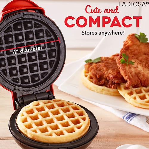 Ladiosa Waffle Maker, Electric Waffle Iron, Mini Waffles Maker Machine For Home, Red