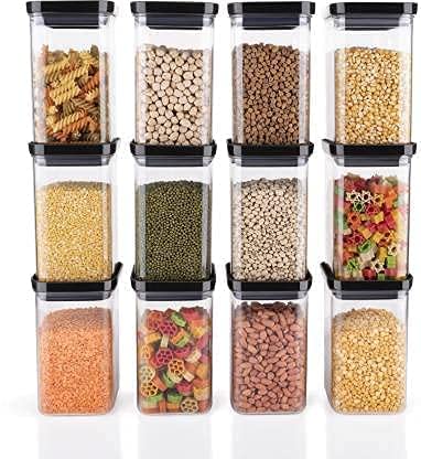 Kitch-Max Unbreakable Air Tight Square Plastic Containers Set for Kitchen Storage 1100 ML Kitchen Container, Storage Containers, Container Sets, Plastic Grocery Container, Air-Tight (Black, 12)