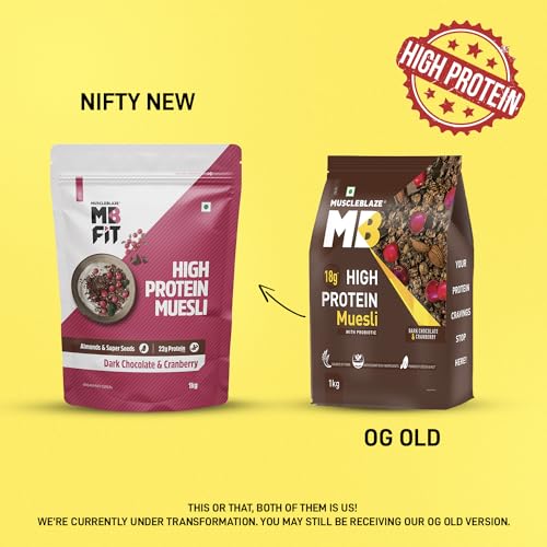 MuscleBlaze Fit High Protein Muesli 1 kg, Dark Chocolate & Cranberry, 22 g Protein, Almonds & Super Seeds, Protein Breakfast Cereals