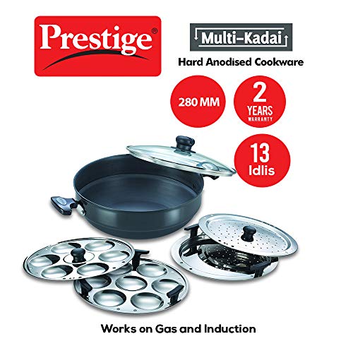 Prestige Hard Anodised Multi Kadhai | 4.5 L | Black | Induction Base | Multi-Purpose Accesories - Idli Stand, Dhokla Stand and Steamer | Round Bottom | Durable Handles