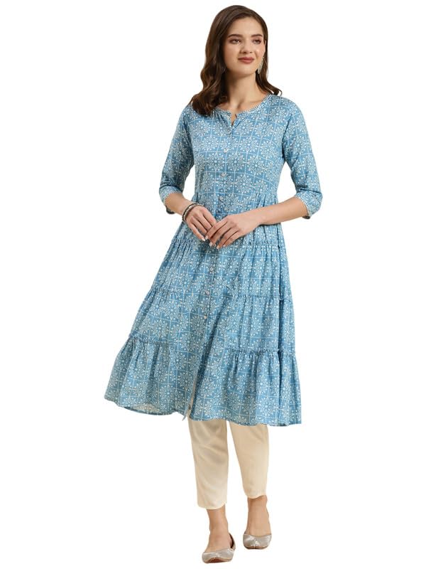 rangita Women Blue Cotton Printed Ankle Length A-line Kurti, M