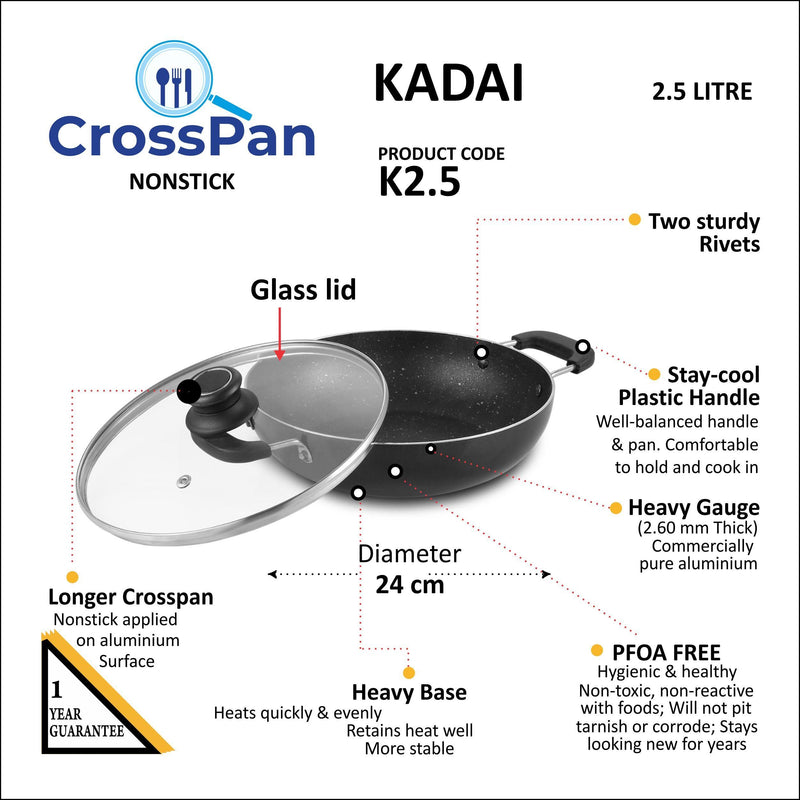 Swadish Kadai-nonstick Kadai 24cm With Glass Lid Induction Base