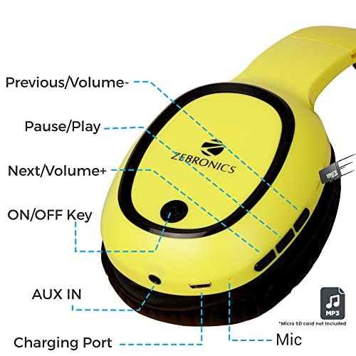 ZEBRONICS Thunder Bluetooth Wireless On Ear Headphone FM, mSD, 60hrs Playback with Mic (Neon Yellow)