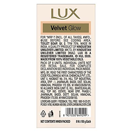 LUX Flaw-Less Glow Jasmine & Vitamin C + E Soap Bar, 150 g (Combo Pack of 8) | Moisturizing Bathing Soap for Soft, Glowing Skin & Body | For Men & Women