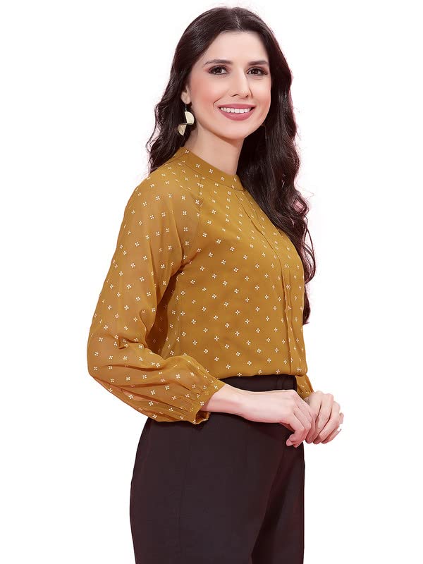 SIRIL Women's Georgette Printed Causal Wear Regular Fit Top(362TK7051-S_Musterd Yellow)