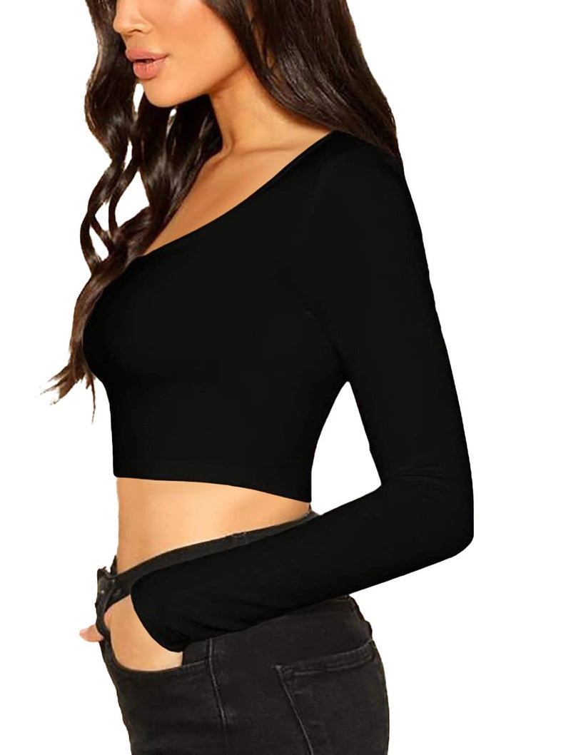 THE BLAZZE Women's Comfy Cotton Full Sleeves Tops Scoop Neck Crop Top Women L327 1059 (M, BLK)