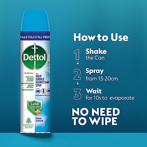 Dettol Multi-Surface Disinfectant Sanitizer Spray Bottle | 24 hours Antibacterial protection| Germ Kill on Hard and Soft Surfaces (Spring Blossom, 225ml)