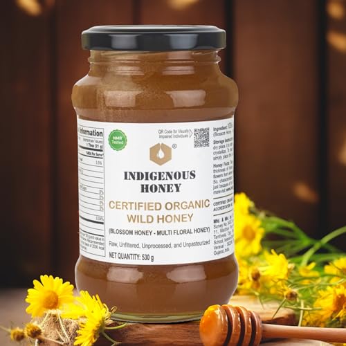 INDIGENOUS HONEY Raw Organic Honey NMR Tested NPOP Organic Certified Pure Natural Unprocessed Original Honey - 530 g Glass Jar (Pack of 1)