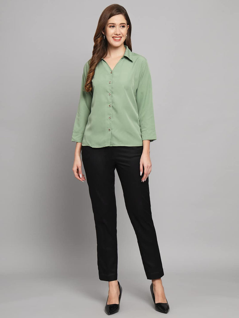 FUNDAY FASHION Women Regular Fit Solid V Collered Casual Shirt (Pack of 2) (Large, Black & Pista Green)