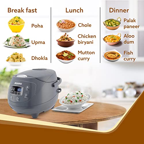 AGARO Imperial Electric Rice Cooker, 2 Litre Ceramic Coated Inner Bowl, Steam Basket, 8 Preset Cooking Function, Advanced Fuzzy Logic, 24 Hours Keep Warm Function, Cooks up to 3 Cups of Raw Rice, Grey