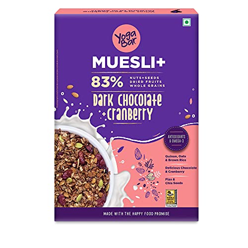 Yogabar Wholegrain Breakfast Muesli 1kg (500g x 2), Dark Chocolate Cranberry, 25% Dry Fruits, Nuts and Seeds | Healthy Breakfast Cereals | Gluten Free | Antioxidant Rich | Healthy Food for Breakfast | Protein Rich