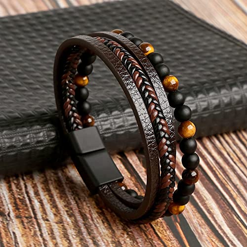 Fashion Frill Stylish Bracelet For Men Boys Boho Jewelry Beads Leather Charm Bracelets For Men Boys Tiger Eye's Stone Rosary love Bracelet Bangle Gift Accessories Mens Jewellery Bracelets