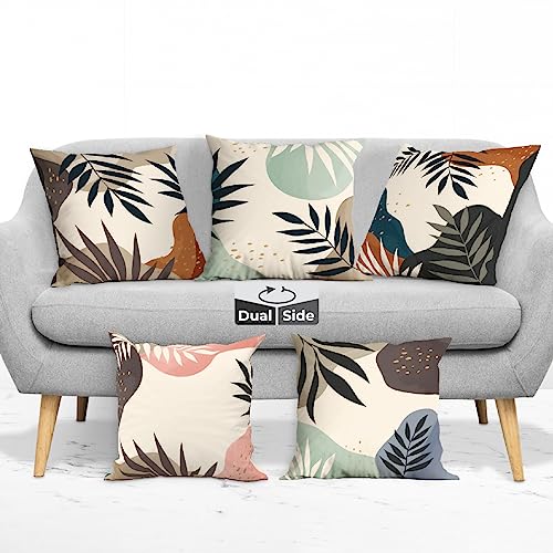 Brizberry® Designer Decorative Satin Kusan Throw Pillow Covers, Both Double Side Printing, Cushion Covers 16 inch x 16 inch, Set of 5, Leaf (Design 15)