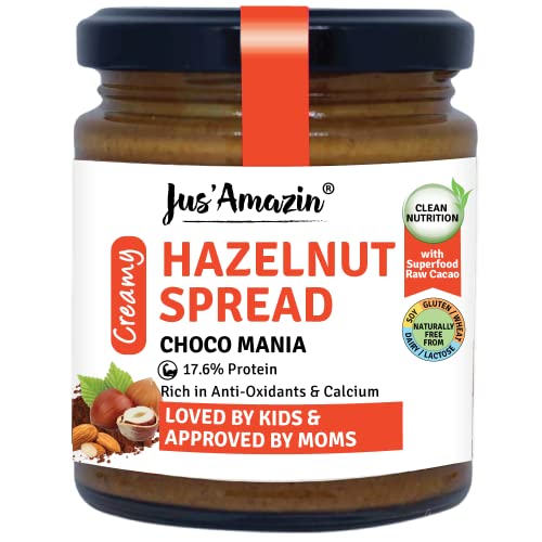 Jus' Amazin Creamy Hazelnut Spread - Choco Mania (200g) | 80% Nuts & 75% less sugar | No Emulsifiers/Hydrogenated Fats (0% Chemicals)| No Refined Sugar | Plant Based, Vegan | Chocolate Spread