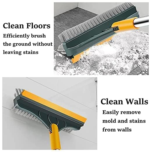 WAZDORF Bathroom Cleaning Brush with Wiper Tiles Cleaning Brush Floor Scrub Bathroom Brush with Long Handle 120° Rotate Bathroom Floor Cleaning Brush Home Kitchen (3 in 1)