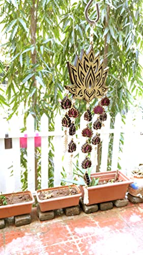 StepsToDo Lotus Flower Wind Chime with White Beads and Mini Lotus. Hand Made and Hand Painted. Golden Hanging Wooden Lotus for Wall and Window Decoration. (1)