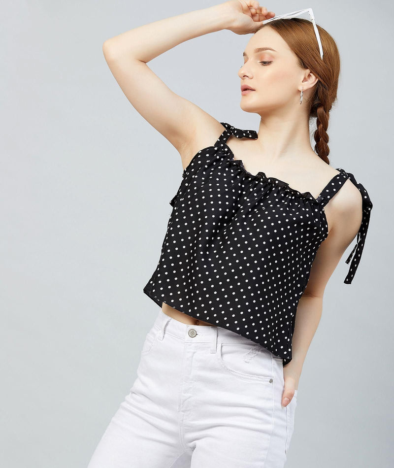 Women's Black Polka Doted Crepe Ruffled Top