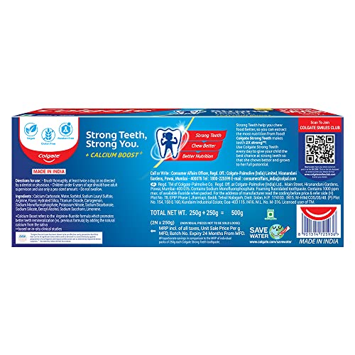 Colgate Strong Teeth, 500g, India’s No: 1 Toothpaste Brand, Calcium-boost for 2X Stronger Teeth, Prevents cavities, Whitens Teeth, Freshens Breath