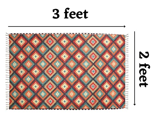 HOMA DORN Homadorn Handmade Sustainable Printed Modern Dhurrie/Rugs/Carpet Recycled Fabric for Living Room/Bedside Runner for Enhanced Decor (2 feet x 3 feet, Orange Geometric)