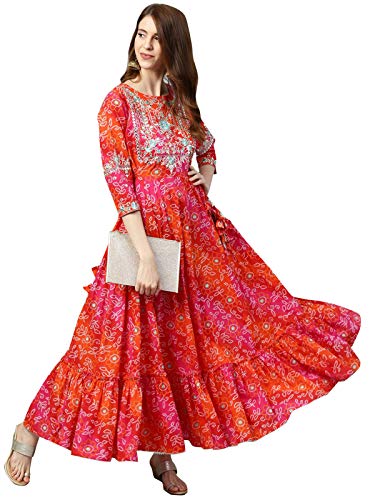 ishin Women's Viscose Rayon Anarkali Embellished Kurta Kpram-6072_XL_Red & Orange