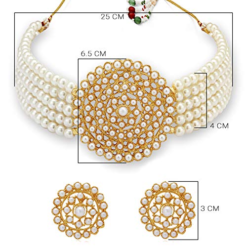 Sukkhi Lavish Gold Plated White Pearl Choker Necklace Set with Stud Earring for Women