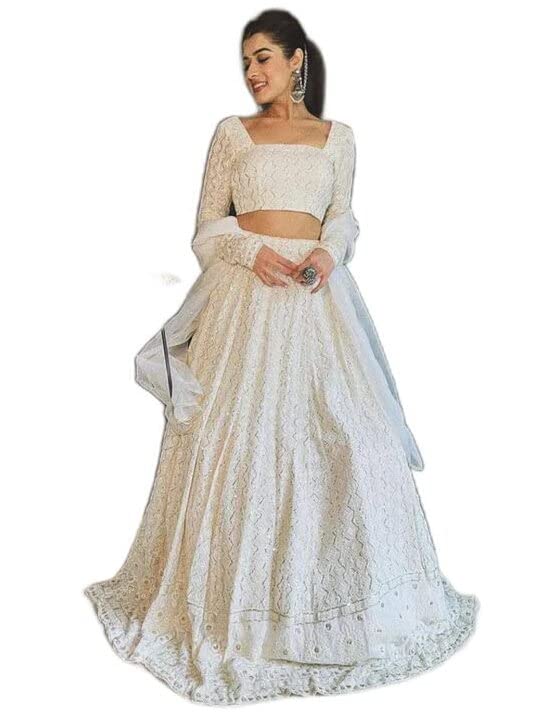 TRENDMALLS Women's Georgette Embroidery Work Lehenga Choli With Dupatta (L64-New-Bridal-Latest-Wedding-Sequnce-Lehenga-White-Designer-Free)