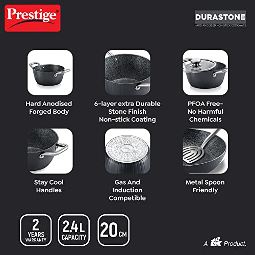 Prestige Durastone Hard Anodised 6 Layer Non-Stick Casserole with Glass Lid, (20 cm, 2.4 Litre, Black)