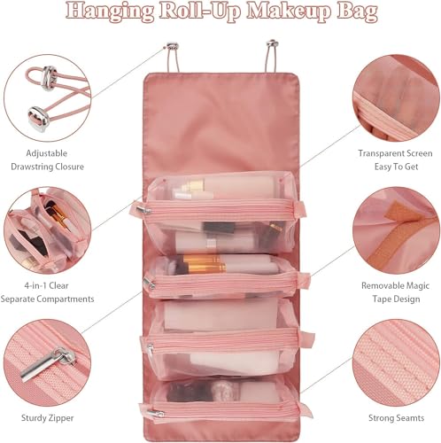 INKULTURE 4 in 1 Makeup Pouch Detachable Toiletry Bag for Travels Cosmetic Organizer for Women | Pink | Pack of 01