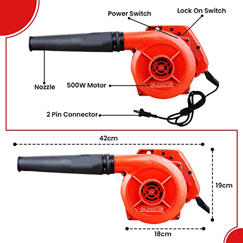 Cheston Air Blower 500W I 80 Miles/Hour Speed I Anti-Vibration 13000 RPM 2.3m³/min I Continuous 10 Minute Use I PC Computer, AC, Home & Outdoor Air Cleaner (Red) I 6 Months Warranty