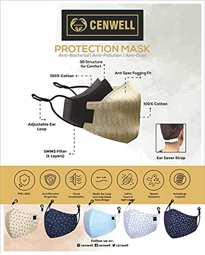 Cenwell 5 Pcs Pure Cotton Face Mask with Nose Pin, Melt Blown Layer, Adjustable Ear Loop & Ear Saver Strap, Reusable, Washable, Breathable Designer Fabric Mask For Men & Women (Multicolour)