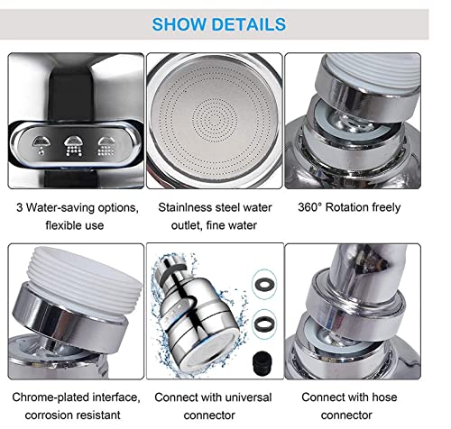 SHIDHMI Movable Kitchen Sink Aerator - 360° Rotatable Faucet Sprayer Head Replacement for Kitchen, Anti-Splash Tap Aerator Faucet with 3 Modes Adjustment