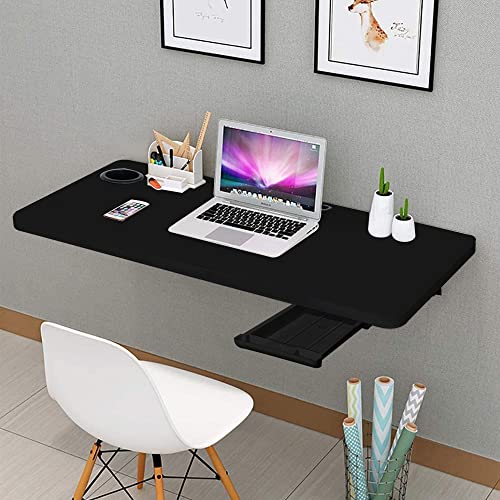 QARA 16x 31.5 inches Wall Mounted Table with Cup Holder & Drawer | Wall Table | Folding Table for Wall | Home Ofiice & Workstation | Black