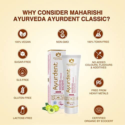 Maharishi Ayurveda Ayurdent Classic Ayurvedic Herbal Toothpaste- All Natural|Sls&Fluoride Free,Antioxidant&Anti Bacterial Benefits|Whitens&Strengthens Teeth|Helps Fight Plaque,Tartar|75Ml,Pack of 1