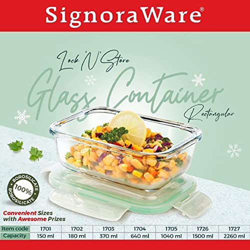 SignoraWare Lock 'N' Store Rectangle High Microwave Oven Borosilicate Safe Glass Container with Air Tight Lid | Multipurpose Jar Box (640ml, Transparent, Food Grade)