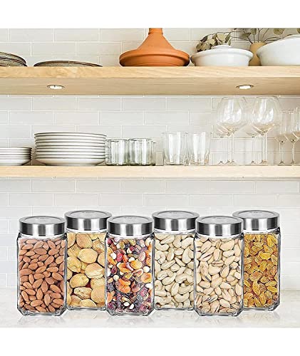 Vency Glass Square Shape Transparent Glass Jars & Containers for Kitchen Pantry, Snacks, Masala, Pickles, Dry Fruits, Coffee Beans Storage with Steel See Through Lid (Set Of 6) (1000ml Steel Cap)