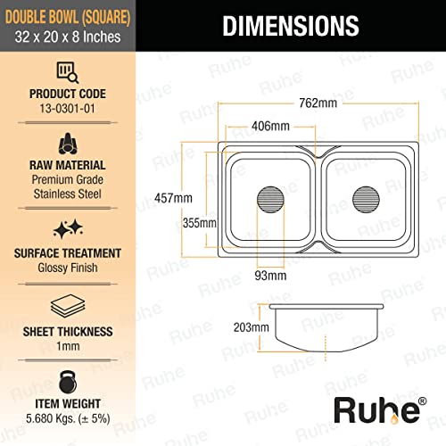 Ruhe® Square Double Bowl 32 x 20 x 8 inches Kitchen Sink | Premium Stainless Steel Square Double Bowl Kitchen Sink | with Glossy Finish | Including 2 Sink Coupling / Double Bowl Connector and Waste pipe