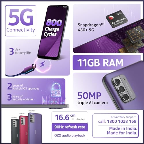 Nokia G42 5G | Snapdragon® 480+ 5G | 50MP Triple AI Camera | 11GB RAM (6GB RAM + 5GB Virtual RAM) | 128GB Storage | 5000mAh Battery | 2 Years Android Upgrades | 20W Fast Charger Included | So Purple