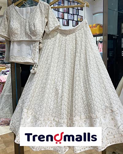 TRENDMALLS Women's Georgette Embroidery Work Lehenga Choli With Dupatta (L64-New-Bridal-Latest-Wedding-Sequnce-Lehenga-White-Designer-Free)